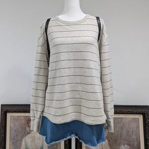 Striped Long Sleeve Crew Neck Pullover Sweater Coastal‎ Vibe Unisex Beige XL